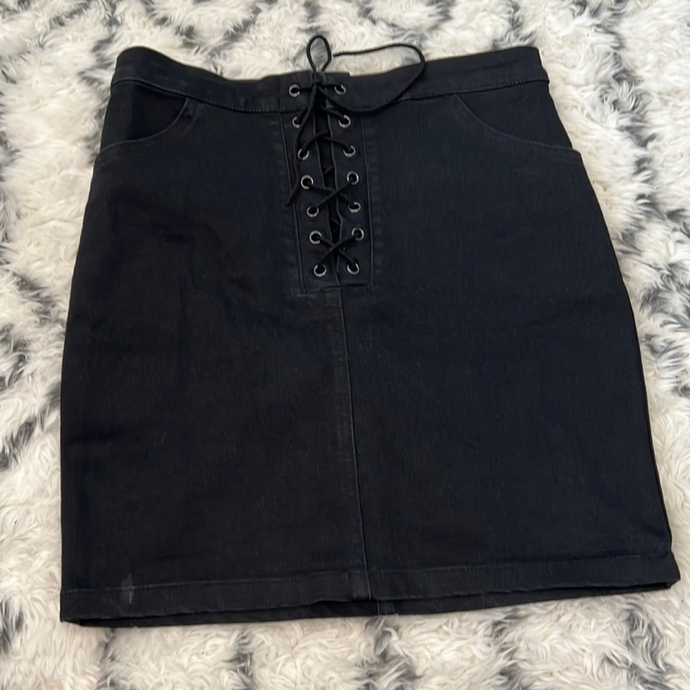 Black denim tie waist skirt